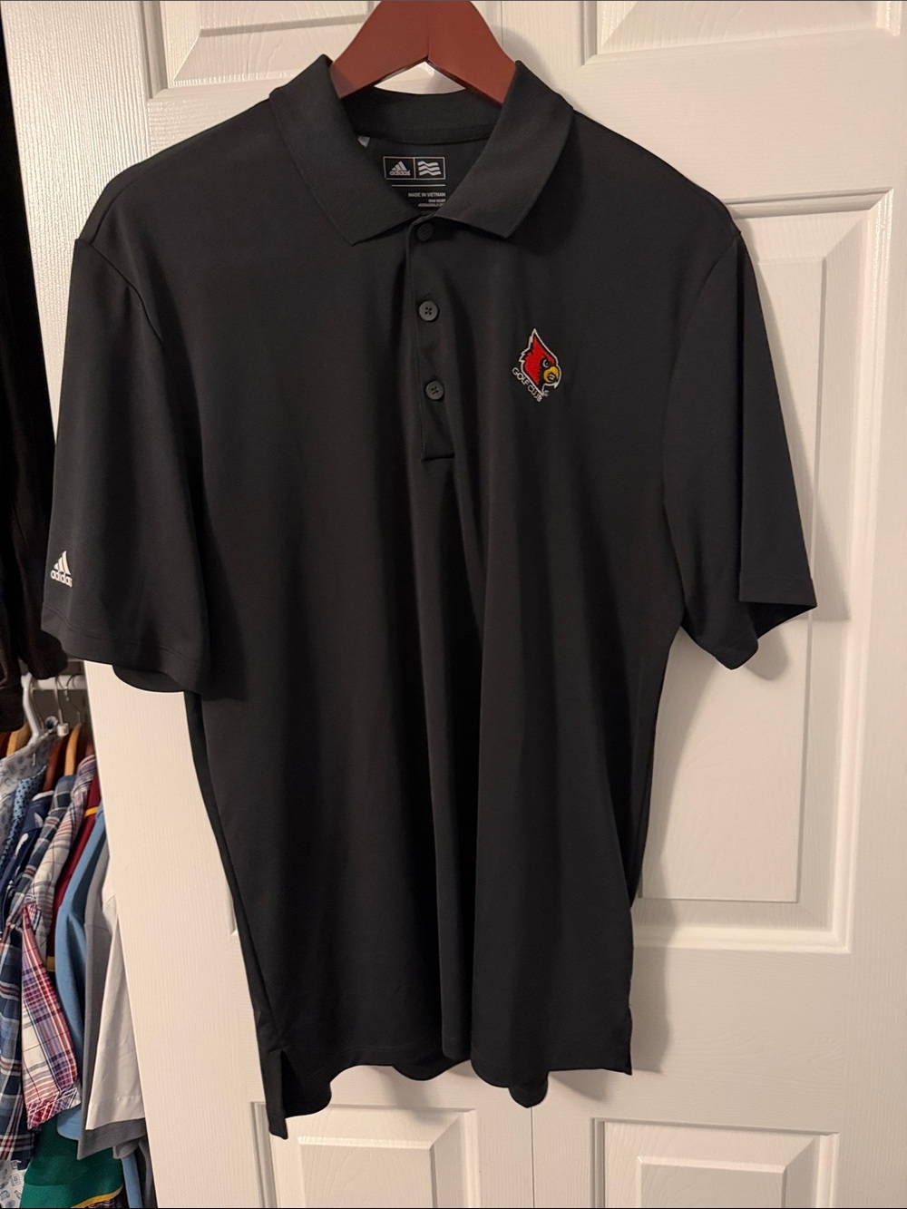 adidas Men’s Black Polo with Red Louisville Cardinals Logo